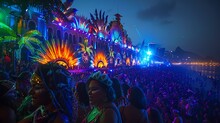 a crowd of people in front of a building with lights