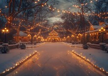 a snowy road with lights on it