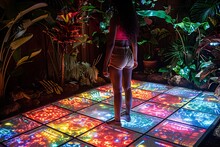 a woman standing on a floor with colorful lights