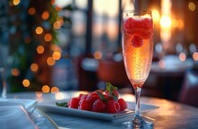 a glass of champagne with raspberries on a plate