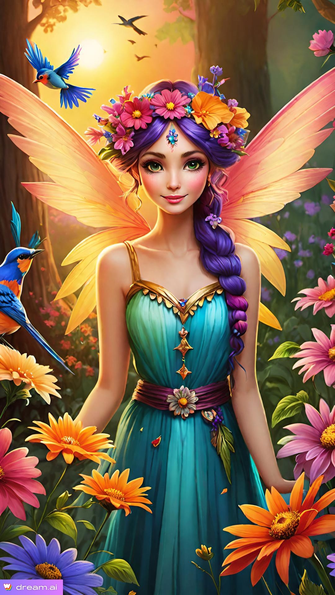 a cartoon of a woman with colorful wings and flowers