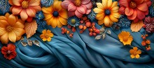 a group of flowers on a blue cloth