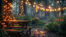 a picnic table in a forest