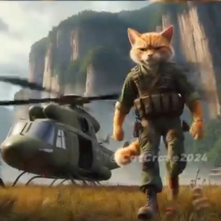 a cat walking by a helicopter