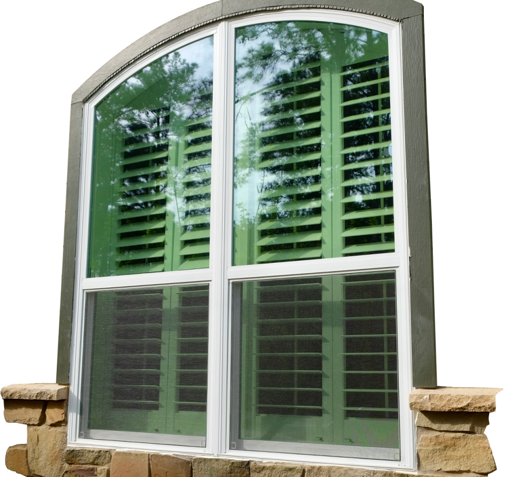 a window with a green shutter