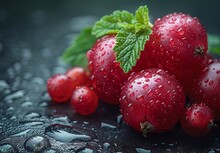 a group of red berries with green leaves