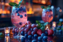 a group of glasses with fruit on a table