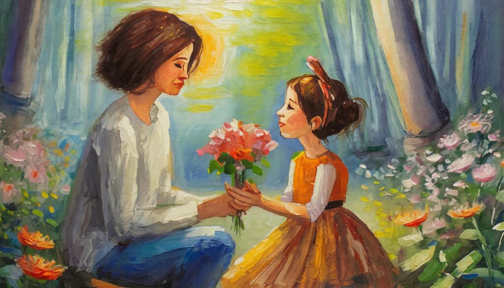 a painting of a woman giving a girl a bouquet of flowers
