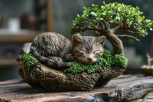 a cat statue on a wood surface