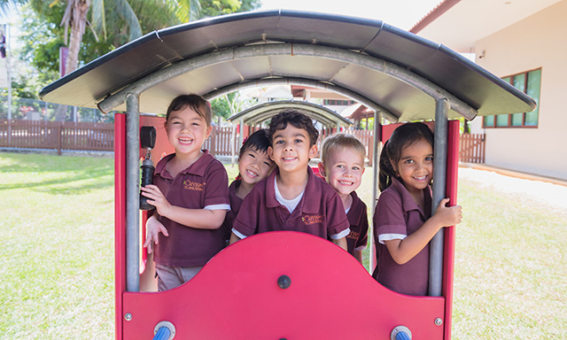 a group of children in a play set