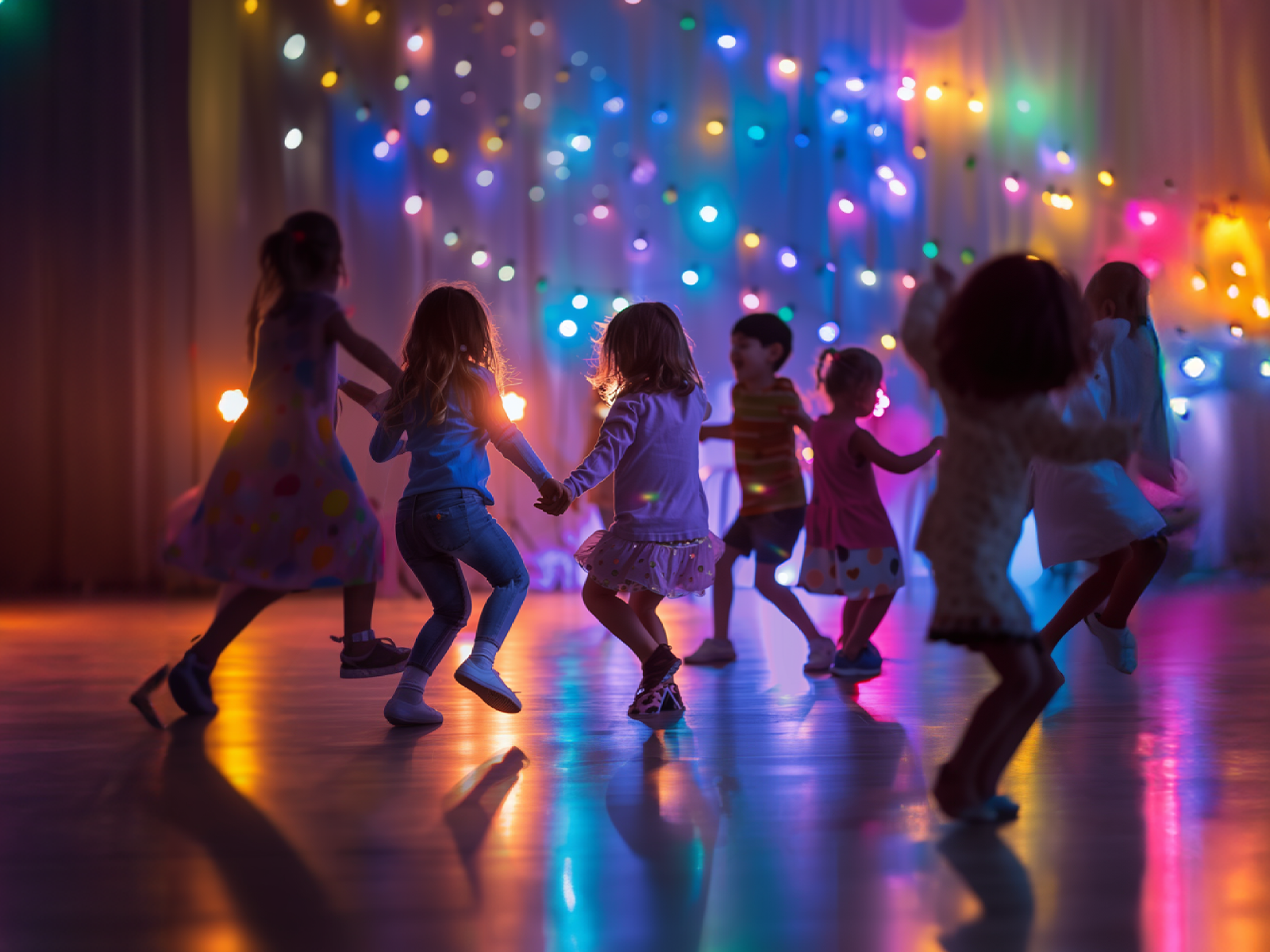 a group of children dancing in a dance floor