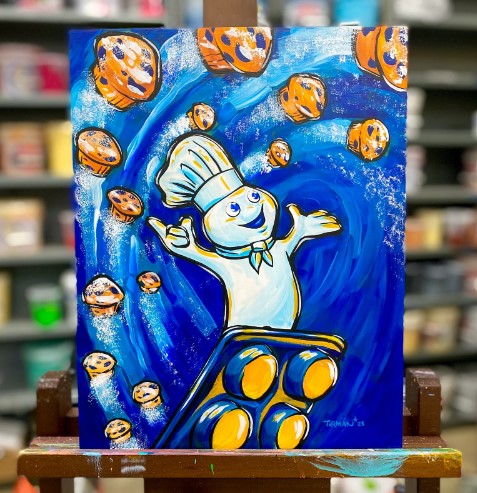 a painting of a chef on a easel