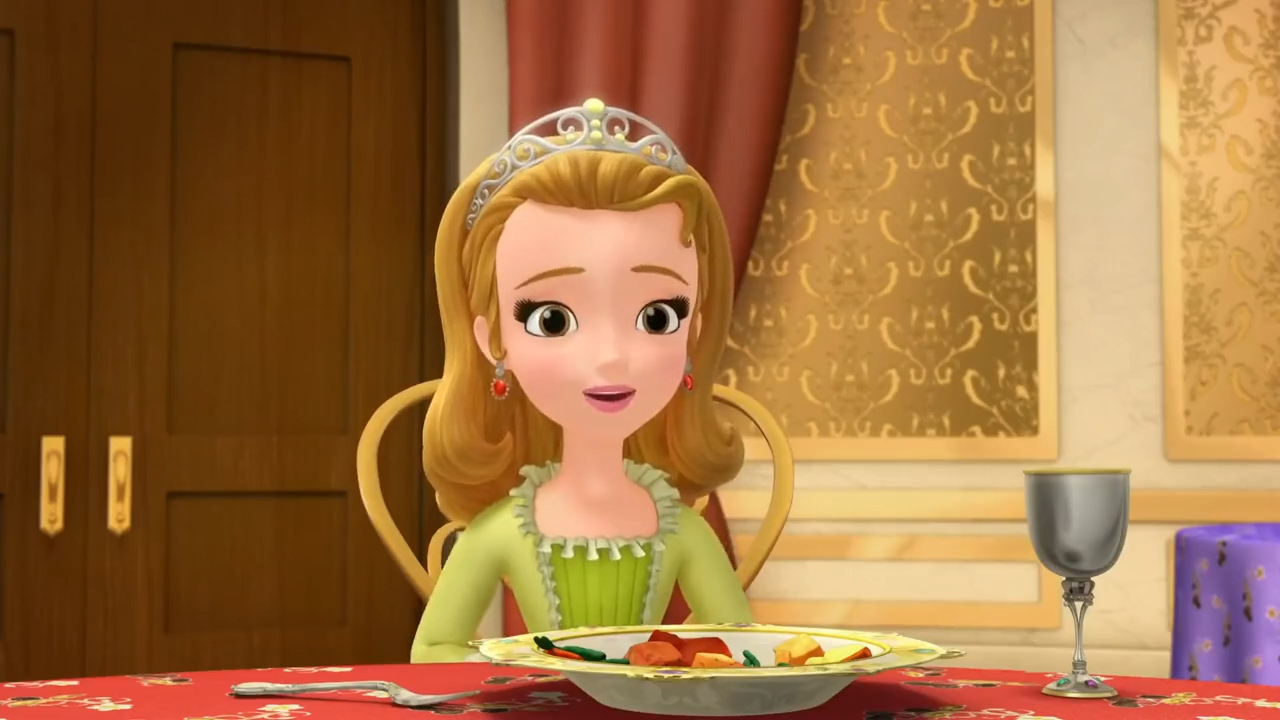 a cartoon of a princess sitting at a table with a plate of food