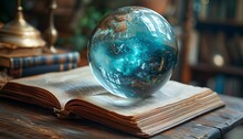 a glass ball on a book