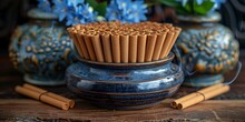 a blue bowl with brown straws in it