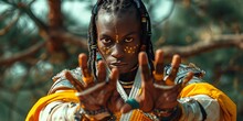 a man with braided hair and painted face holding his hands up