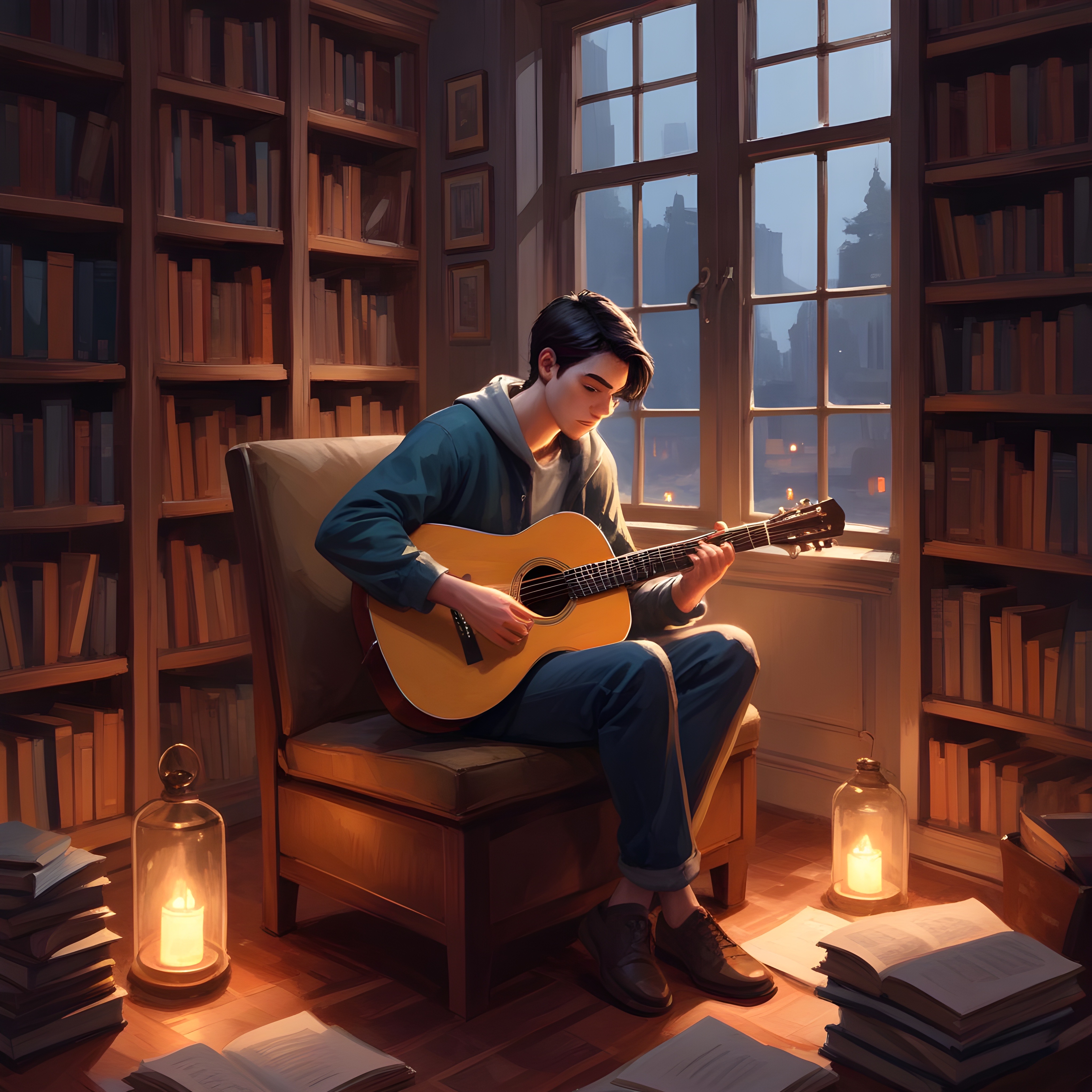 a man sitting in a chair playing guitar in a library