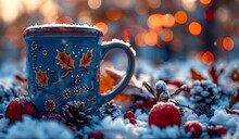 a blue mug with leaves and flowers on snow