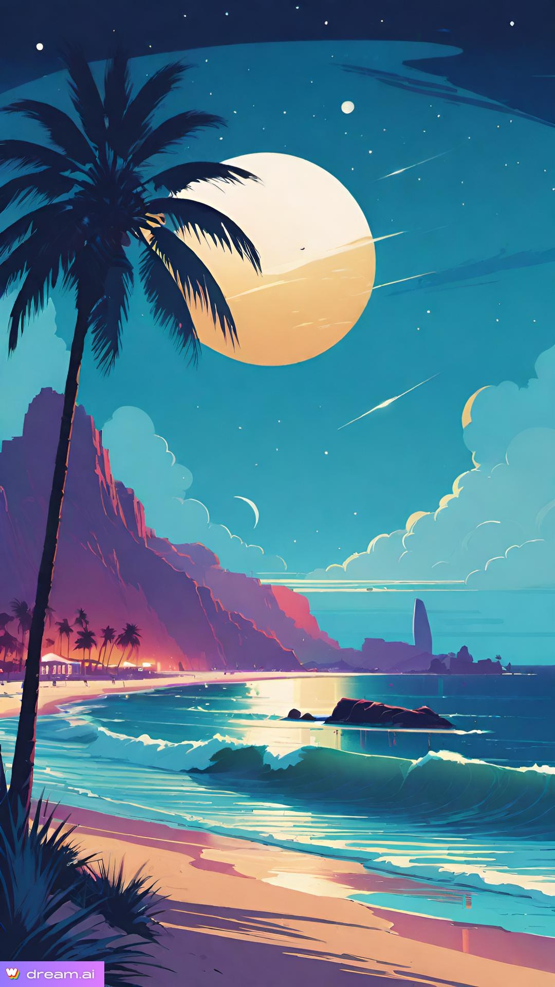 a beach with palm trees and a large moon