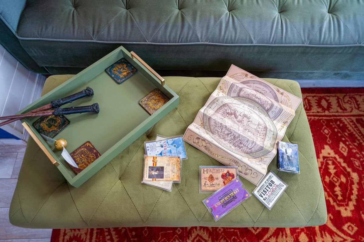 a tray of cards and a box of cards on a couch