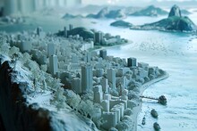 a model of a city by a body of water