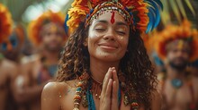 a woman with eyes closed and a feather headdress