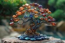 a small tree sculpture with colorful stones