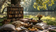 a picnic table with books and fruits