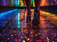 a person's legs in shiny high heels on a shiny floor