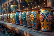 a row of colorful vases