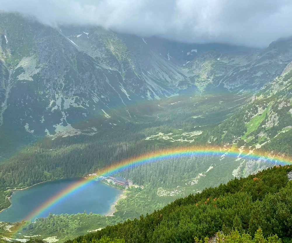 a rainbow over a valley with mountains and trees