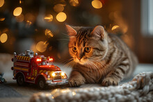 a cat playing with a toy fire truck