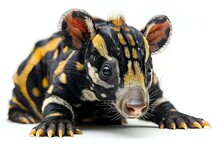 a close up of a black and yellow animal