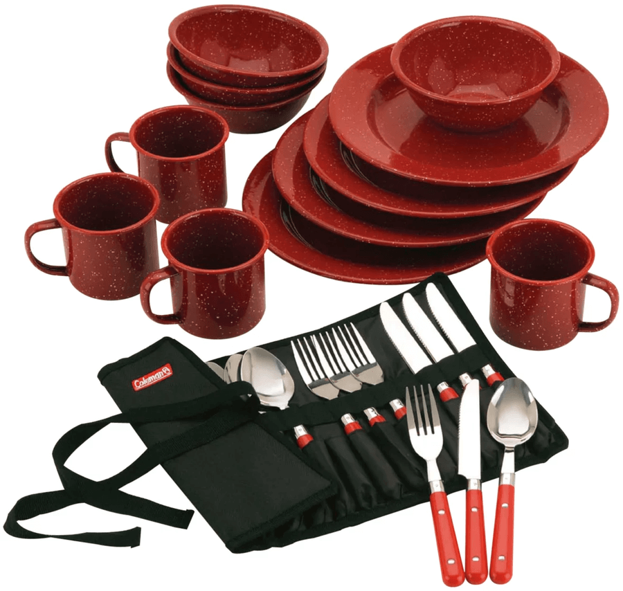 a set of red plates and cups