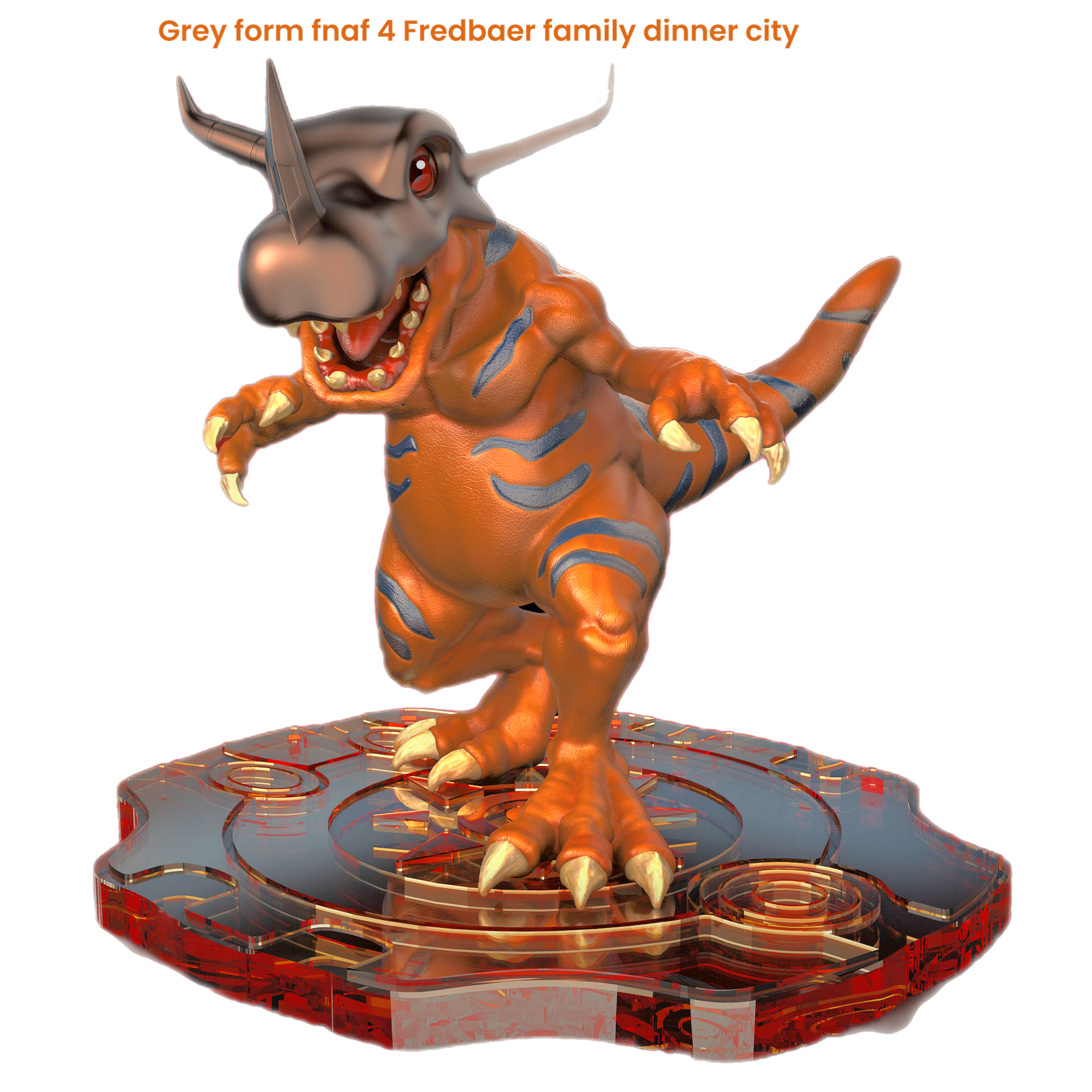 a cartoon dinosaur standing on a red and silver plate
