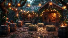 a house with hay bales and lights