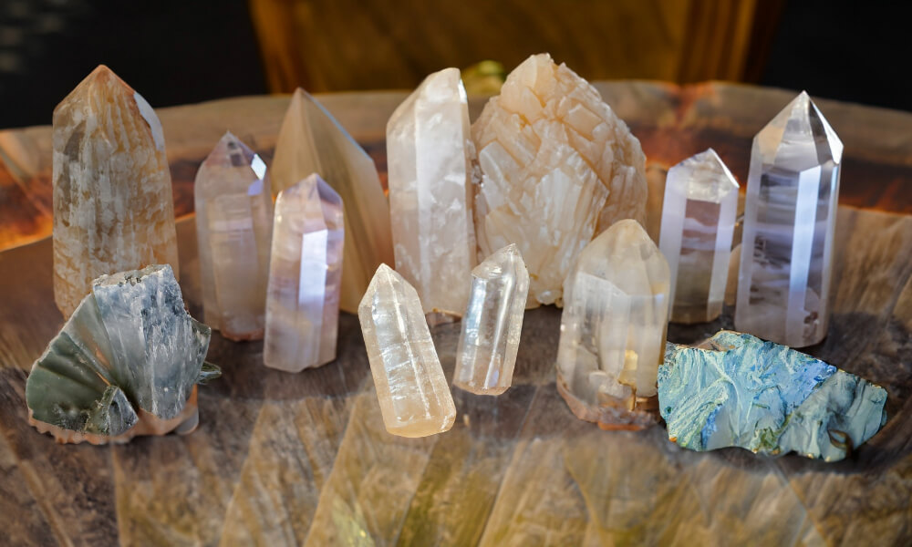 a group of crystals on a table