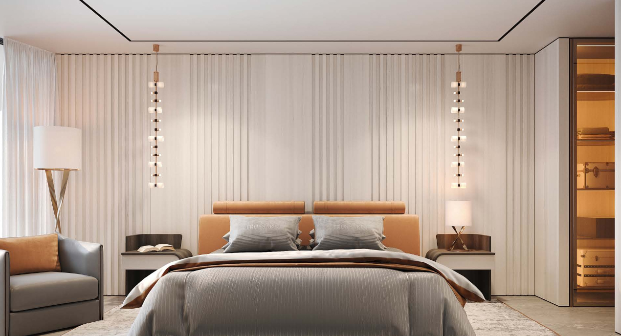 a bed with a bed headboard and two lamps