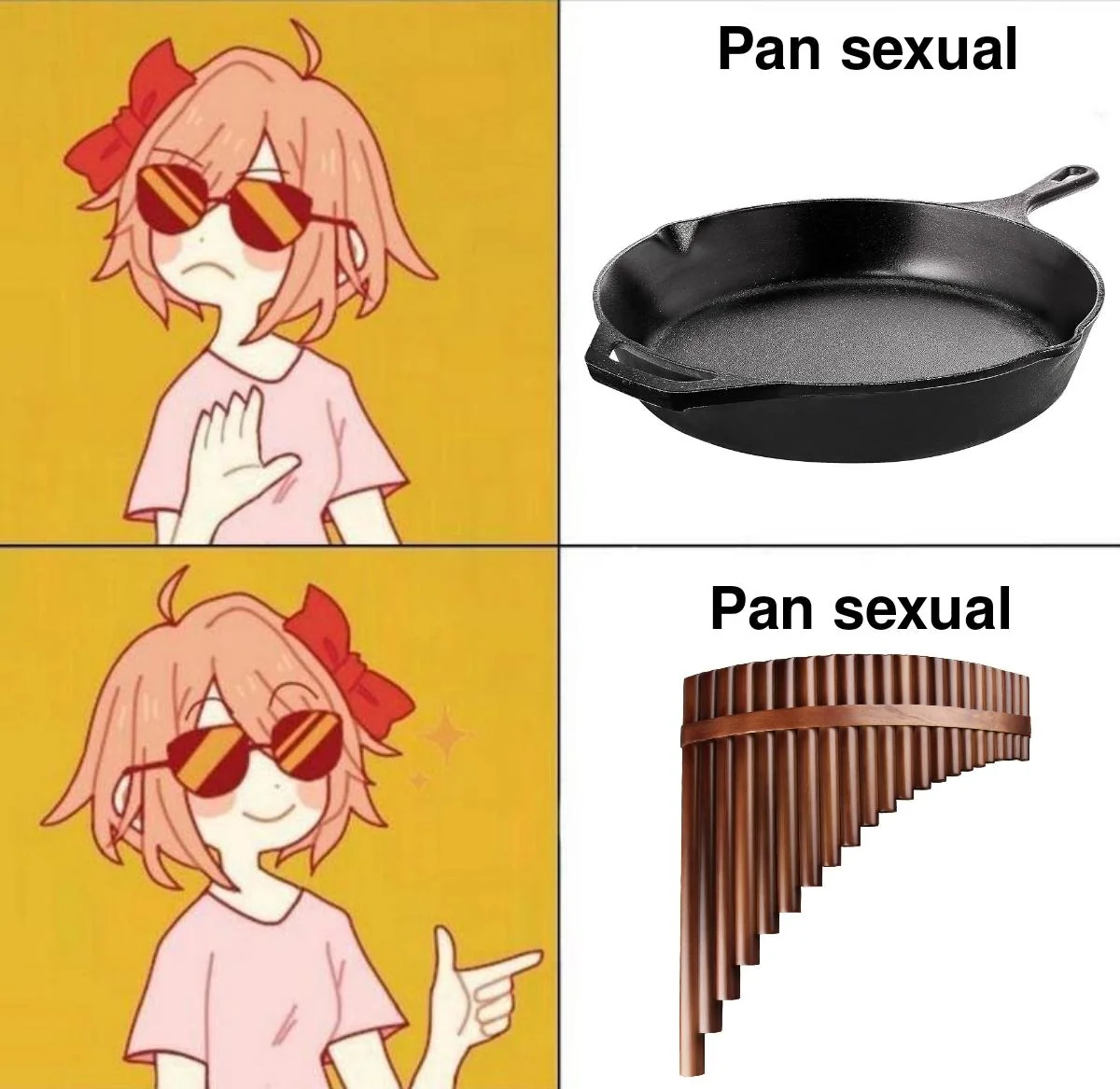 a cartoon of a girl wearing sunglasses and a pan