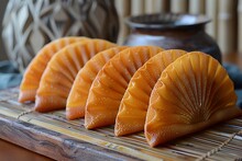 a row of orange food on a wooden surface