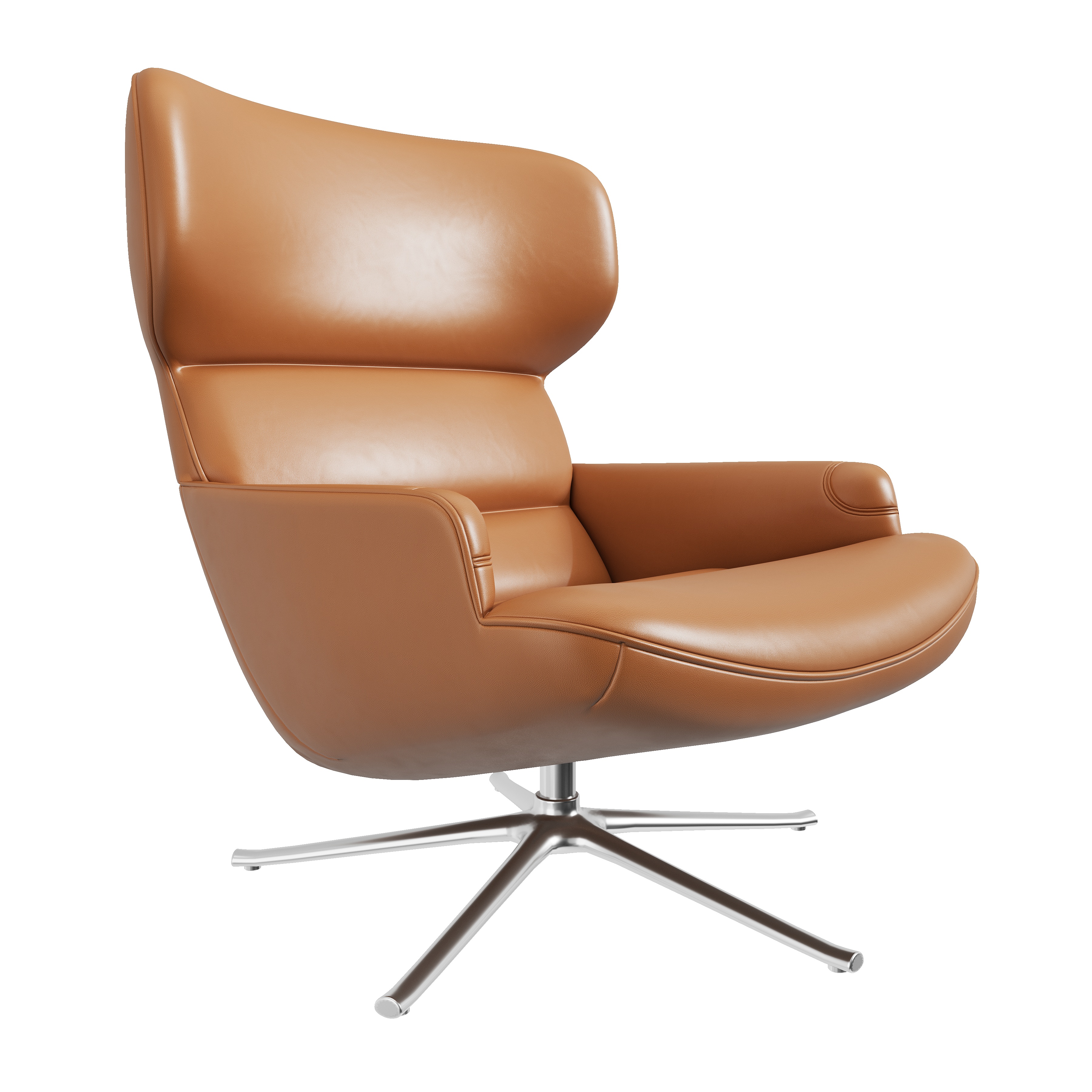 a brown leather chair with metal legs