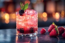 a glass of red drink with ice and berries