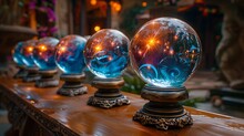 a group of crystal balls on a table