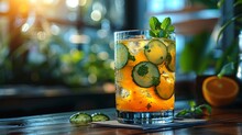 a glass of orange and cucumber drink