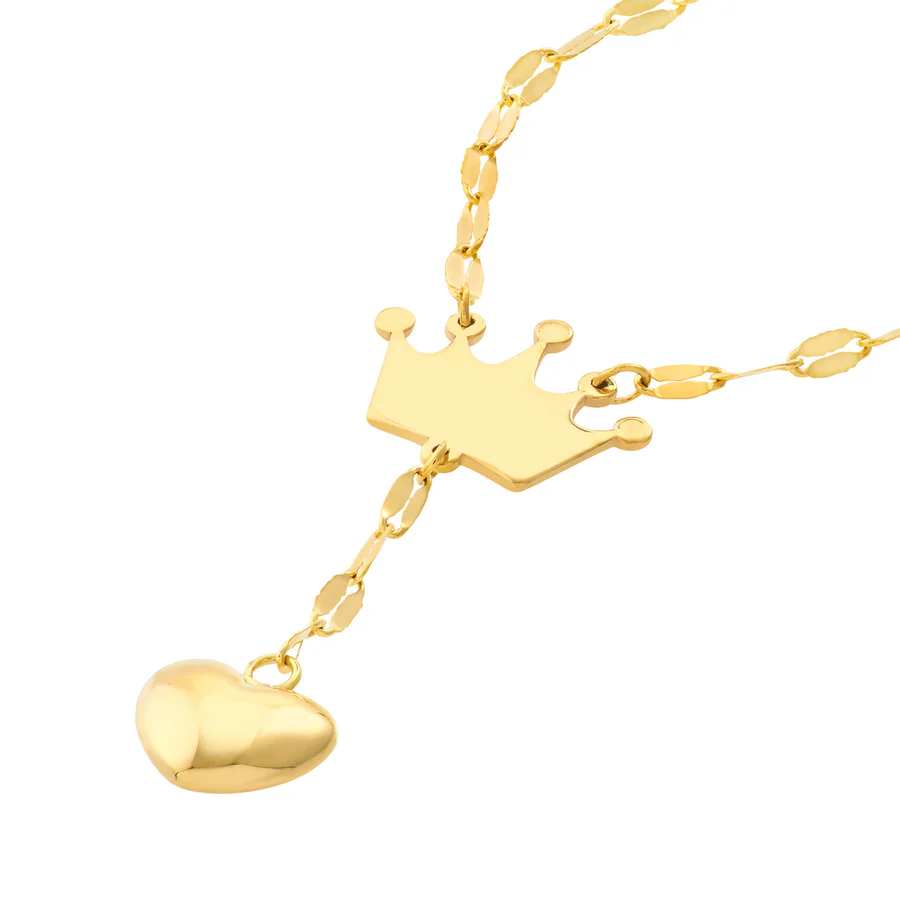 a gold necklace with a crown and a heart