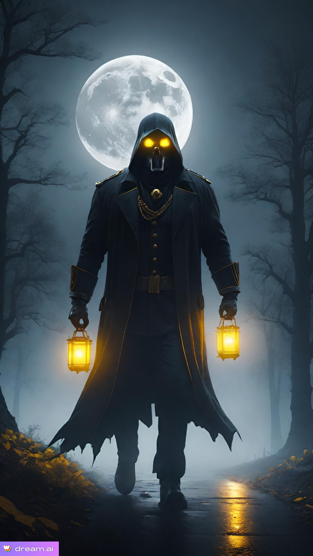 a man in a garment with a skull face holding lanterns