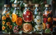 a group of bottles with fruit in them