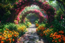 a path with flowers and plants