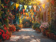 a walkway with colorful flags and flowers