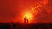 a man and child holding hands in a field with a red sky